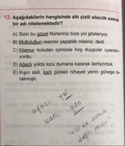 12. Aşağıdakilerin hangisinde altı çizili sözcük somu
bir adı nitelemektedir?
A) Sizin bu güzel fikirleriniz bize yol gösteriyor.
B) Mutluluğun resmini yapabilir misiniz, dedi.
C) Ihlamur kokuları içimizde hoş duygular uyandir-
yordu.
D) Ağaclı yolda tozu 