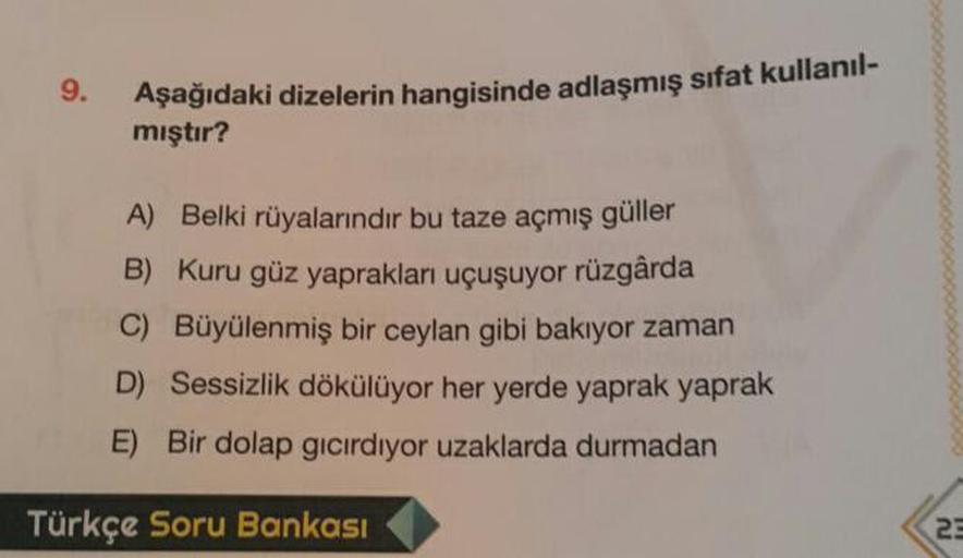 Aşağıdaki dizelerin hangisinde adlaşmış sıfat kullanıl-
mıştır?
9.
A) Belki rüyalarındır bu taze açmış güller
B) Kuru güz yaprakları uçuşuyor rüzgârda
C) Büyülenmiş bir ceylan gibi bakıyor zaman
D) Sessizlik dökülüyor her yerde yaprak yaprak
E) Bir dolap g