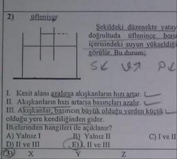 üfleniyor
Şekildeki düzenekte yatay
doğrultuda üflenince boru
içerisindeki suyun yükseldiği
görülür. Bu durum,
SC un PU
I. Kesit alanı azalırsa akışkanların hızı artar.
II Akışkanların hızı artarsa basınçları azalır.
III. Akışkanlar, basıncın büyük olduğu yerden kücük
olduğu yere kendiliğinden gider.
Ilkelerinden hangileri ile açıklanır?
A) Yalnızl B) Yalnız II
C) I ve II
D) II ve III (E) I, II ve III
13 X
Y