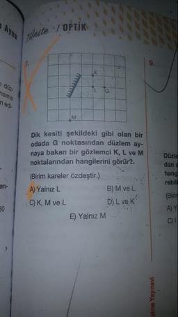 Unite / Opti
ndüz-
nsima
medi-
Dik kesiti şekildeki gibi olan bir
odada G noktasından düzlem ay-
naya bakan bir gözlemci K, L ve M
noktalarından hangilerini görür?
(Birim kareler özdeştir.)
A) Yalnız L
B) M ve L
C) K, M ve L
D) L ve K
E) Yalnız M
Düzle
dana
hang
rebil
an
(Birin
Α) Υ
C)
alme Yayınevi