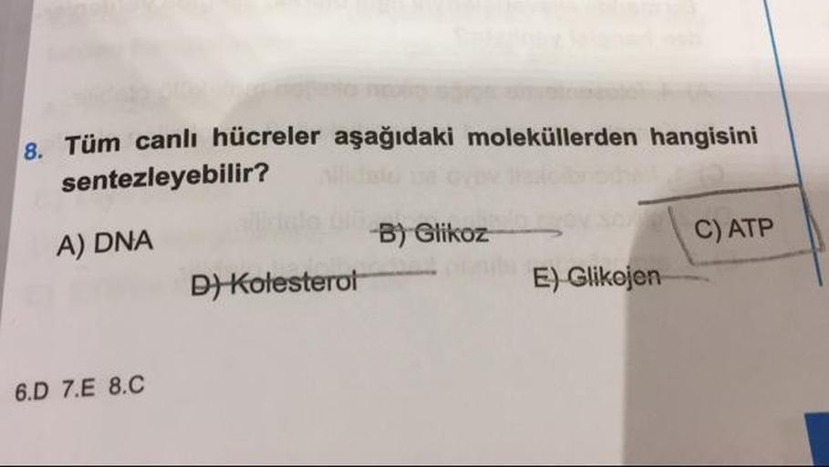 e
Tüm canlı hücreler aşağıdaki moleküllerden hangisini
sentezleyebilir?
B) Glikoz
A) DNA
C) ATP
D) Kolesterol
E) Glikojen
6.D 7.E 8.C