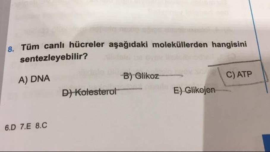 e
Tüm canlı hücreler aşağıdaki moleküllerden hangisini
sentezleyebilir?
B) Glikoz
A) DNA
C) ATP
D) Kolesterol
E) Glikojen
6.D 7.E 8.C
