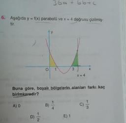 360+ obec
6. Aşağıda y = f(x) parabolü ve x = 4 doğrusu çizilmiş-
tir
Buna göre, bayalı bölgelerin alanları farkı kaç
birimkaredir?
A) O
D)
E)1