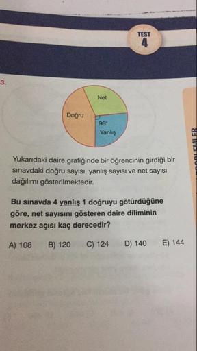 TEST
Net
Doğru
96
Yanlış
ELUT
Yukarıdaki daire grafiğinde bir öğrencinin girdiği bir
sinavdaki doğru sayısı, yanlış sayısı ve net sayısı
dağılımı gösterilmektedir.
Bu sınavda 4 yanlış 1 doğruyu götürdüğüne
göre, net sayısını gösteren daire diliminin
merkez