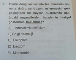 3.
Hücre döngüsünün interfaz evresinin so-
nuna doğru sentrozom eşlenmesini ger-
çekleştiren bir hayvan hücresinde aşa-
ğıdaki organellerden hangisinin faaliyet
göstermesi beklenmez?
A) Endoplazmik retikulum
B) Golgi cisimciği
C) Lökoplast
D) Lizozom
E) Mitokondri
