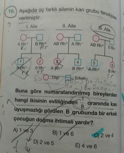 ubu fenotipleri
10.) Aşağıda üç farklı ailenin kan grubu
verilmiştir.
1. Alle
II. Aile
1. Aile
A Rh
B Rh+
AB Rh+ A Rh-
AB Rh+
0 Rb-
AXRh
O RhA ht
B Rh+
A.Rh+
B Rh
G O : Dişt Erkek
13 DO 15 DA
no BooDooos
Buna göre numaralandırılmış bireylerden
hangi ikisin