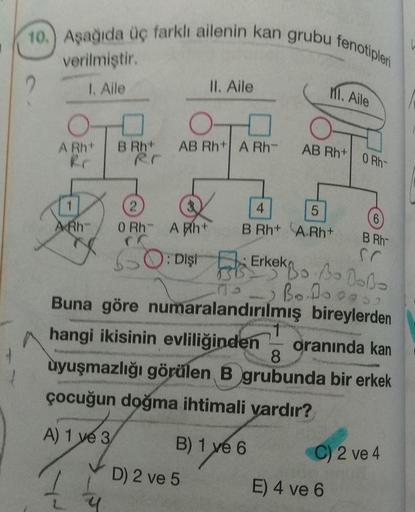 ubu fenotipleri
10.) Aşağıda üç farklı ailenin kan grubu
verilmiştir.
1. Alle
II. Aile
1. Aile
A Rh
B Rh+
AB Rh+ A Rh-
AB Rh+
0 Rb-
AXRh
O RhA ht
B Rh+
A.Rh+
B Rh
G O : Dişt Erkek
13 DO 15 DA
no BooDooos
Buna göre numaralandırılmış bireylerden
hangi ikisin