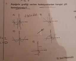 7. Aşağıda grafiği verilen fonksiyonlardan hangisi çift
fonksiyondur?
rde
A) X
B)
C)
1+2
E)
X+
10. Sınıf Matematik
