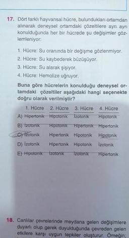 17. Dört farkli hayvansal hücre, bulundukları ortamdan
alınarak deneysel ortamdaki çözeltilere ayn aynı
konulduğunda her bir hücrede şu değişimler göz
lemleniyor.
1. Hücre: Su oranında bir değişme gözlenmiyor.
2. Hücre: Su kaybederek büzüşüyor.
3. Hücre: Su alarak şişiyor.
4. Hücre: Hemolize uğruyor.
Buna göre hücrelerin konulduğu deneysel or-
tamdaki çözeltiler aşağıdaki hangi seçenekte
doğru olarak verilmiştir?
1. Hücre 2. Hücre 3. Hücre 4. Hücre
A) Hipertonik Hipotonik Izotonik Hipotonik
B) Izotonik Hipotonik Hipertonik Hipertonik
c) izotonik Hipertonik Hipotonik Hipotonik
D) Izotonik Hipertonik Hipotonik izotonik
E) Hipotonik Izotonik izotonik Hipertonik
18. Canlılar çevrelerinde meydana gelen değişimlere
duyarli olup gerek duyulduğunda çevreden gelen
etkilere karşı uygun tepkiler oluşturur. Omneğin;
