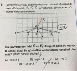 8. Sürtünmesiz yatay düzlemde bulunan noktasal M parçacığı
aynı düzlemdeki F1, F2, F3 kuvvetlerinin etkisinde +x yö-
nünde hareket etmektedir.
Bu kuvvetlerden ikisi F, ve F2 olduğuna göre, F3 kuvve-
ti kesikli çizgi ile gösterilen vektörlerden hangileri ola-
maz? (Birim kareler özdeştir.),
A) Yalnız 1
B) Yalhız 4
C) 1 ve 2
D) 1, 2 ve 3
EY 2, 3 ve 4
3)
2.