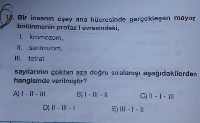 Bir insanın eşey ana hücresinde gerçekleşen mayoz
bölünmenin profaz I evresindeki,
1. kromozom,
II. sentrozom,
III. tetrat
sayılarının çoktan aza doğru sıralanışı aşağıdakilerden
hangisinde verilmiştir?
A) I-11-111 B)1-111-11 C) 11-1-111
D) II - III - EU -