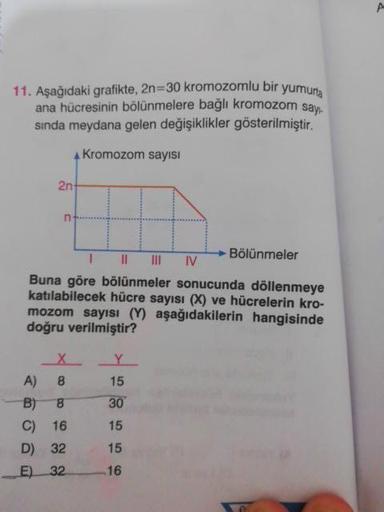 11. Aşağıdaki grafikte, 2n=30 kromozomlu bir yumura
ana hücresinin bölünmelere bağlı kromozom savu
sinda meydana gelen değişiklikler gösterilmiştir.
Kromozom sayısı
I
I
III
Bölünmeler
IV
Buna göre bölünmeler sonucunda döllenmeye
katılabilecek hücre sayısı 