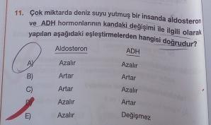 Cok miktarda deniz suyu yutmuş bir insanda aldosteron
ve ADH hormonlarının kandaki değişimi ile ilgili olarak
vanilan asagidaki eşleştirmelerden hangisi donudur?
Aldosteron
Azalır
ADH
Azalır
Artar
Azalır
Artar
Artar
Azali
Azalır
Artar
Değişmez