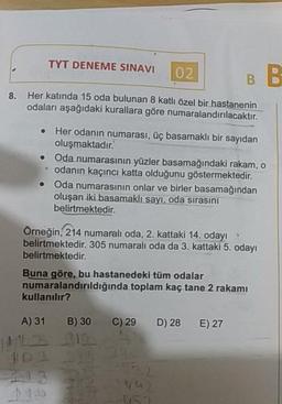 TYT DENEME SINAVI
02
8. Her katında 15 oda bulunan 8 katli özel bir hastanenin
odaları aşağıdaki kurallara göre numaralandırılacaktır.
• Her odanin numarası, üç basamaklı bir sayıdan
oluşmaktadır.
• Oda numarasının yüzler basamağındaki rakam, o
odanın kaçıncı katta olduğunu göstermektedir.
Oda numarasınin onlar ve birler basamağından
oluşan iki basamaklı sayi, oda sirasini
belirtmektedir.
Örneğin, 214 numaralı oda, 2. kattaki 14. odayı
belirtmektedir. 305 numaralı oda da 3. kattaki 5. odayı
belirtmektedir
Buna göre, bu hastanedeki tüm odalar
numaralandırıldığında toplam kaç tane 2 rakamı
kullanılır?
B) 30
C) 29D) 28
A) 31
111
E) 27
