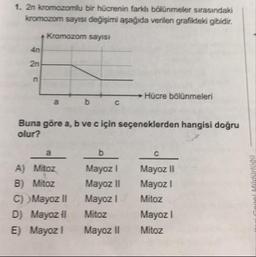 1. 2n kromozomlu bir hücrenin farklı bölünmeler sırasındaki
kromozom sayıSı değişimi aşağıda verilen grafikteki gibidir.
+Kromozom sayısı
4n
2n
in
→ Hücre bölünmeleri
b.
Buna göre a, b ve c için seçeneklerden hangisi doğru
olur?
A) Mitoz
Mayoz I
Mayoz II
B) Mitoz
Mayoz II
Mayoz I
C) Mayoz II
D) Mayoz I
Mayoz I
Mitoz
Mitoz
Mayoz I
E) Mayoz I
Mayoz II
Mitoz
insi Genel Madürlüğü