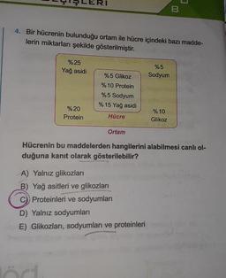 LILERI
B
4. Bir hücrenin bulunduğu ortam ile hücre içindeki bazı madde
lerin miktarları şekilde gösterilmiştir.
%25
Yağ asidi
%5
Sodyum
%5 Glikoz
%10 Protein
%5 Sodyum
%15 Yağ asidi
Hücre
%20
Protein
% 10
Glikoz
Ortam
Hücrenin bu maddelerden hangilerini alabilmesi canlı ol-
duğuna kanıt olarak gösterilebilir?
A) Yalnız glikozları
B) Yağ asitleri ve glikozları
C) Proteinleri ve sodyumları
D) Yalnız sodyumları
E) Glikozlari, sodyumları ve proteinleri
