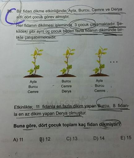 26.
Bir fidan dikme etkinliğinde Ayla, Burcu, Cemre ve Derya
adlı dört çocuk görev almıştır.
Her fidanın dikilmesi işleminde 3 çocuk çalışmaktadır. Şe-
kildeki gibi ayní üç çocuk binden fazla fidanın dikiminde bir-
likte çalışabilmektedir.
Ayla
Burcu
Cemre
