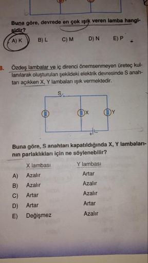 Buna göre, devrede en çok ışık veren lamba hangi-
sidir?
A)
K B) C) M D N EP
B.
Özdeş lambalar ve iç direnci önemsenmeyen üretec kul-
lanılarak oluşturulan şekildeki elektrik devresinde S anah-
tarı açıkken X, Y lambaları ışık vermektedir.
Buna göre, S ana