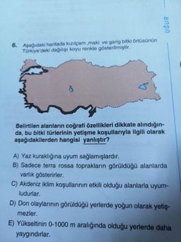 UĞUR
6. Aşağıdaki haritada kızılçam ,maki ve garig bitki örtüsünün
Türkiye'deki dağılışı koyu renkle gösterilmiştir.
Belirtilen alanların coğrafi özellikleri dikkate alındığın-
da, bu bitki türlerinin yetişme koşullarıyla ilgili olarak
aşağıdakilerden hangisi yanlıştır?
A) Yaz kuraklığına uyum sağlamışlardır.
B) Sadece terra rossa toprakların görüldüğü alanlarda
varlık gösterirler.
C) Akdeniz iklim koşullarının etkili olduğu alanlarla uyum-
ludurlar.
D) Don olaylarının görüldüğü yerlerde yoğun olarak yetiş-
mezler.
E) Yükseltinin 0-1000 m aralığında olduğu yerlerde daha
yaygındırlar.