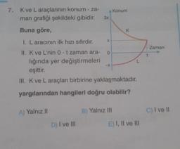 7.
Konum
K ve L araçlarının konum - za-
man grafiği şekildeki gibidir.
3x
Buna göre,
Zaman
1. L aracının ilk hızı sıfırdır.
II. K ve L'nin 0-t zaman ara- 0
lığında yer değiştirmeleri
eşittir.
III. K ve L araçları birbirine yaklaşmaktadır.
yargılarından hangileri doğru olabilir?
A) Yalnız II
B) Yalnız III
c) I ve II
D) I ve III
E) I, II ve III