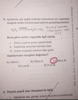 8. İçerisinde çok çeşitli enzimler bulunduran bir organelde
aşağıda verilen biyokimyasal tepkime gerçekleşmektedir.
HO, Katalaz H0+10 Peroksí souda
2 ribozon var
mi?
Buna göre verilen organelle ilgili olarak,
1. Zarsız organel grubu içerisindedir.
II. Kullandığı enzimleri kendisi üretir.
III. Zehirli molekülü zehirsiz hâle getirir.
ifadelerinden hangileri doğrudur?
MEB 2018 - 2019 • Ölçme, Degerlendirme ve Sınav Hizmetleri Genel Müdürlügü
A) Yalnız I. B) Yalnız II. c) Yalnız III.
D) I ve III.
E) II ve III.
9. Plastid çeşidi olan lökoplast ile ilgiliz
1. Bitkilerde kök, gövde, tohum ve yumru kısımlarında