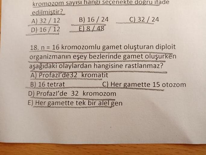 kromozom sayısı hangi seçenekte doğru ifade
edilmistir?
A) 32 / 12 B) 16 / 24 C) 32 / 24
D) 16 / 12 E) 8/48
18. n = 16 kromozomlu gamet oluşturan diploit
organizmanın eşey bezlerinde gamet oluşurken
aşağıdaki olaylardan hangisine rastlanmaz?
A) Profazi'de3