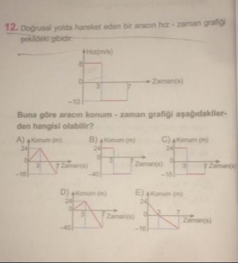 12. Doğrusal yolda hareket eden bir aracın hız- zaman grafigi
şekildeki gibidir.
Hz(mis)
Zaman(s)
-10
Buna göre aracın konum - zaman grafiği aşağıdakiler-
den hangisi olabilir?
A) Konum (m)
24
B) Konum (m)
C)aKonum (m)
Zaman(s)
3)
7Zamants
D) Konum (m)
24