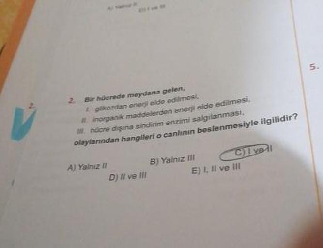 2. Bir hücrede meydana gelen,
1 pilkozdan enerji elde edilmesi
inorganik maddelerden enerji elde edilmesi,
I haeredisana sindirim enzimi salgılanması,
olaylarından hangileri o canlinin beslenmesiyle ilgilidir?
CIVI
E) 1, Il ve III
A) Yalnız il
D) II ve III