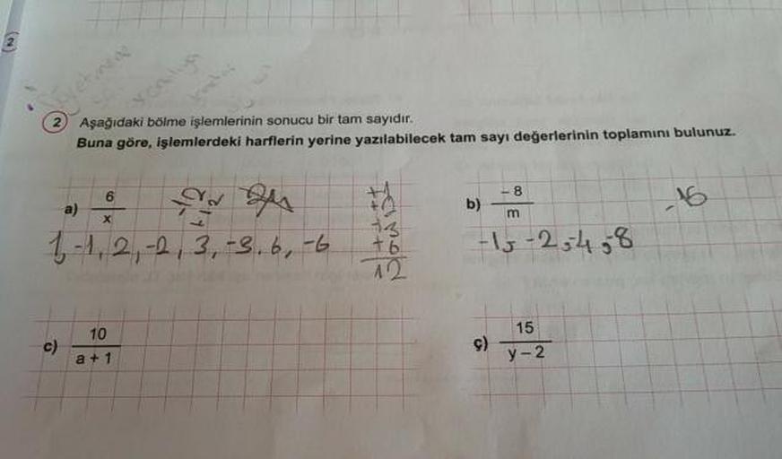 Aşağıdaki bölme işlemlerinin sonucu bir tam sayıdır.
Buna göre, işlemlerdeki harflerin yerine yazılabilecek tam sayı değerlerinin toplamını bulunuz.
b)
-
1-1, 2, 2, 3, -3.6, -6
to
-15-234;8