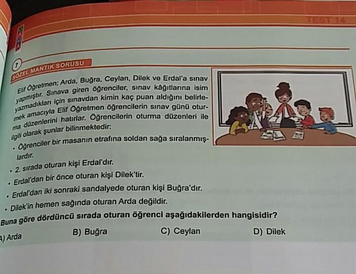 SOZEL MANTIK SORUSU
EM Öğretmen: Arda
yapmıştır. Sınava a
yazmadıkları için sin
mek amacıyla Elif Ö
ma düzenlerini hatırla,
nen: Arda, Buğra, Ceylan, Dilek ve Erdal'a sınav
Sinava giren öğrenciler, sinav kağıtlarına isim
nu icin sınavdan kimin kaç puan ald