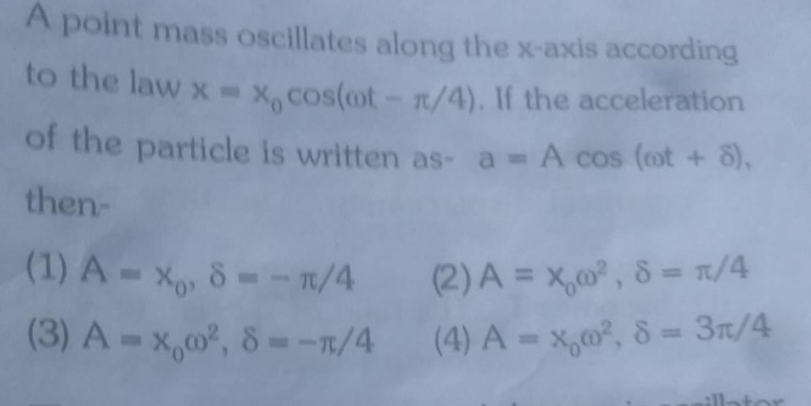 A point mass oscillates along the x axis according to the law x x cos oot 4 If the acceleration of the particle is written as a A cos oot 8 then 1 Axo 8 4 3 A x w 8 1 4 4 2 A x 0 8 4 4 A x 0 8 3 4 illator