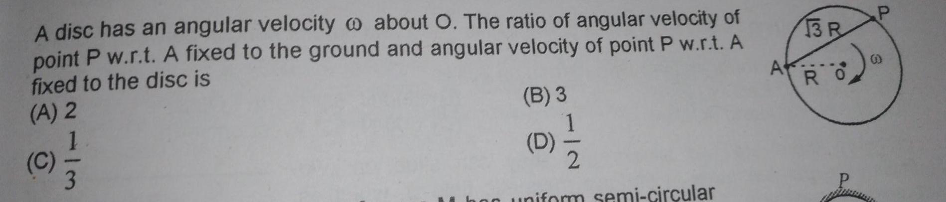 A disc has an angular velocity about O The ratio of angular