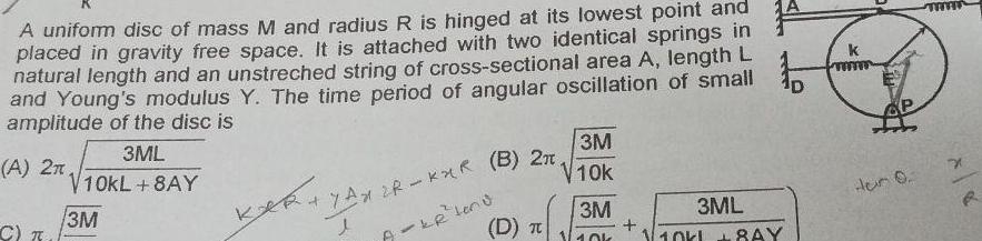 A uniform disc of mass M and radius R is hinged at its lowest point and placed in gravity free space It is attached with two identical springs in natural length and an unstreched string of cross sectional area A length L and Young s modulus Y The time period of angular oscillation of small amplitude of the disc is 3ML A 2n V10KL 8AY 3M C T 17AX 2R KXR B 2n l A KR Leno kehi 3M V10k D T 3M 40k 3ML 8AY k www AP Hun 0 m x R