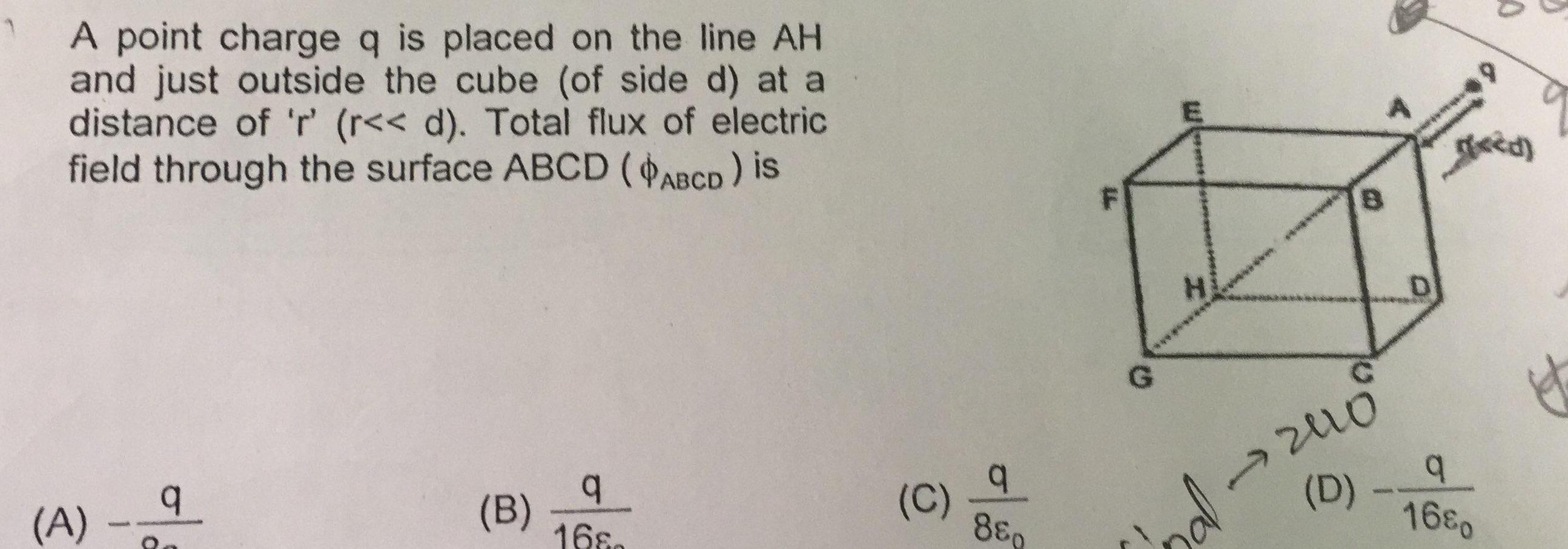 A point charge q is placed on the line AH and just outside the cube of side d at a distance of r r d Total flux of electric field through the surface ABCD ABCD is A q B q 168 C q 880 G H por B D 2010 D 9 q 168 goed