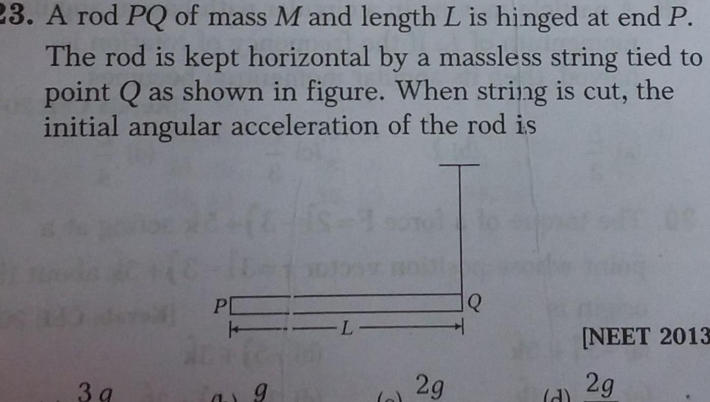 23 A rod PQ of mass M and length L is hinged at end P The rod is kept horizontal by a massless string tied to point Q as shown in figure When string is cut the initial angular acceleration of the rod is 3g PC k a 9 L o 2g Q d NEET 2013 2g