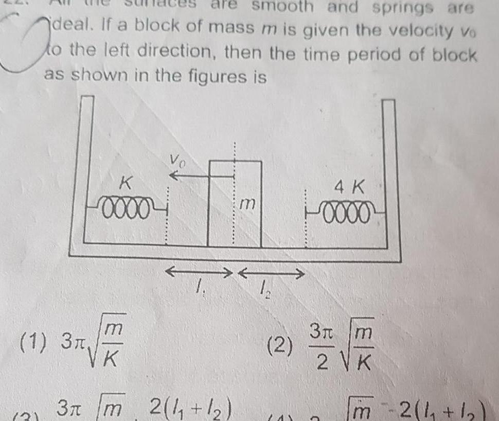 smoot and springs are deal If a block of mass m is given the velocity Vo the left direction then the time period of block as shown in the figures is To 31 1 3T K 0000 m K 3 m 2 1 1 m 1 2 2 4 K 0000 3r m 2 VK C m2 1 1