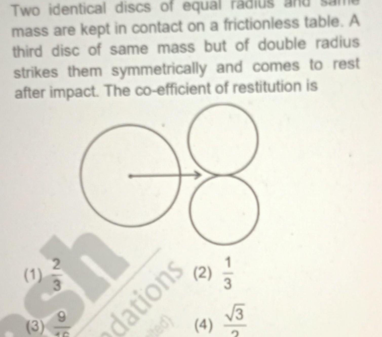 Two identical discs of equal radiu mass are kept in contact on a frictionless table A third disc of same mass but of double radius strikes them symmetrically and comes to rest after impact The co efficient of restitution is 08 1 3 3 us dations ted 2 1 1 2 3 4