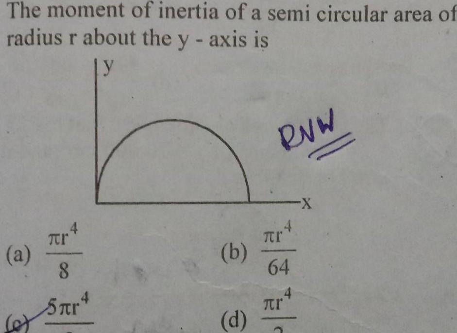 The moment of inertia of a semi circular area of radius r about the y axis is Ly c Tr 8 5 r4 b d RVW TI 4 64 r X