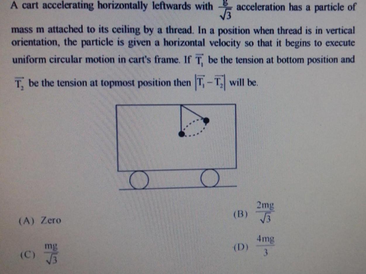 A cart accelerating horizontally leftwards with 3