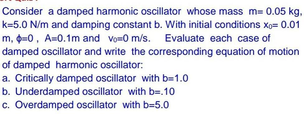 Consider a damped harmonic oscillator whose mass m 0 05 kg k 5 0 N m and damping constant b With initial conditions xo 0 01 m p 0 A 0 1m and vo 0 m s Evaluate each case of damped oscillator and write the corresponding equation of motion of damped harmonic oscillator a Critically damped oscillator with b 1 0 b Underdamped oscillator with b 10 c Overdamped oscillator with b 5 0