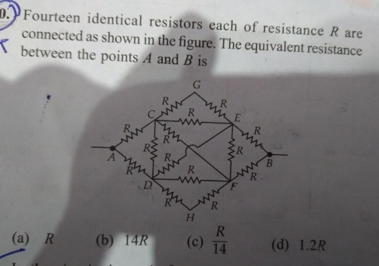 Fourteen identical resistors each of resistance R are