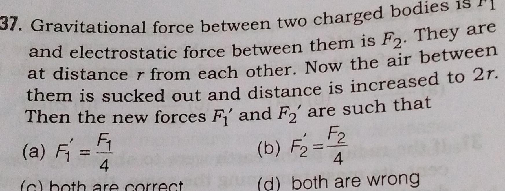 37 Gravitational force between two charged bodies is Fi and