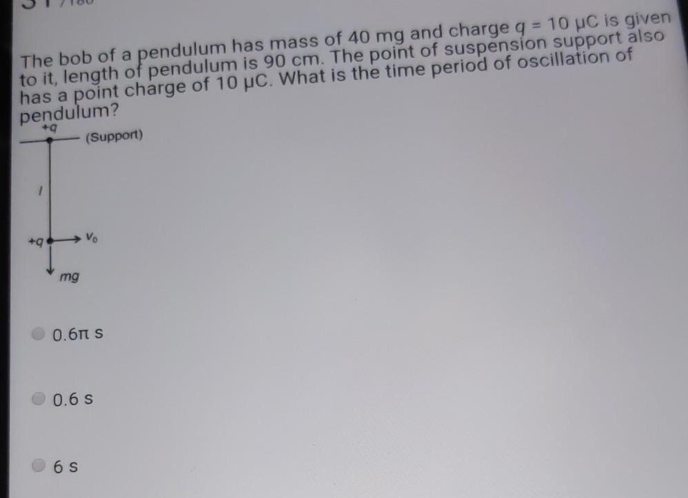 The bob of a pendulum has mass of 40 mg and charge q 10 uC is given to it length of pendulum is 90 cm The point of suspension support also has a point charge of 10 C What is the time period of oscillation of pendulum 9 1 q O mg Support Vo 0 6T S 6 s 0 6s