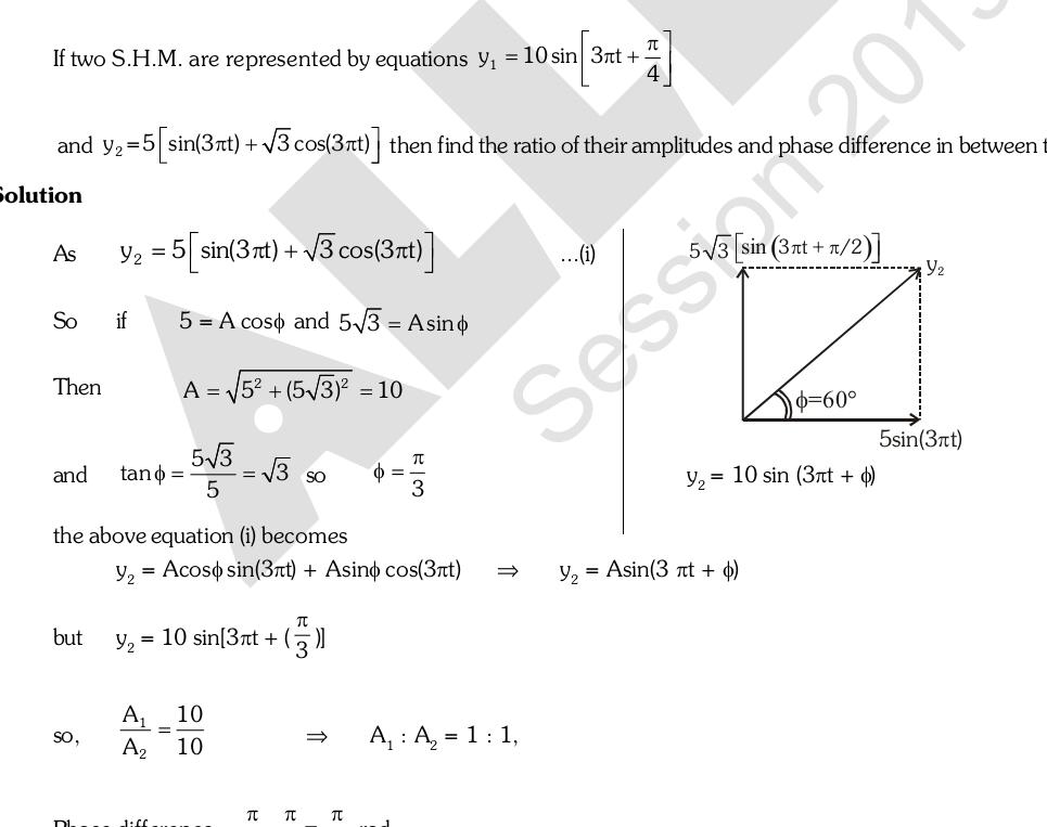 TU If two S H M are represented by equations y 10 sin 3nt and y 5 sin 3nt 3 cos 3rt then find the ratio of their amplitudes and Solution As So Then y 5 sin 3 t 3 cos 3 t if 5 A cos and 5 3 Asino A 5 2 5 3 10 5 3 5 and tan o SO the above equation i becomes A A J SC y Acoso sin 3 t Asino cos 3 t but y 10 sin 3nt 3 3 110 b SO 3 T TU T A A 1 1 i sin 3nt n 2 difference in between t y Asin 3 t b 6 60 y 10 sin 3 t o LOCTICASSOS Y 5sin 3rt