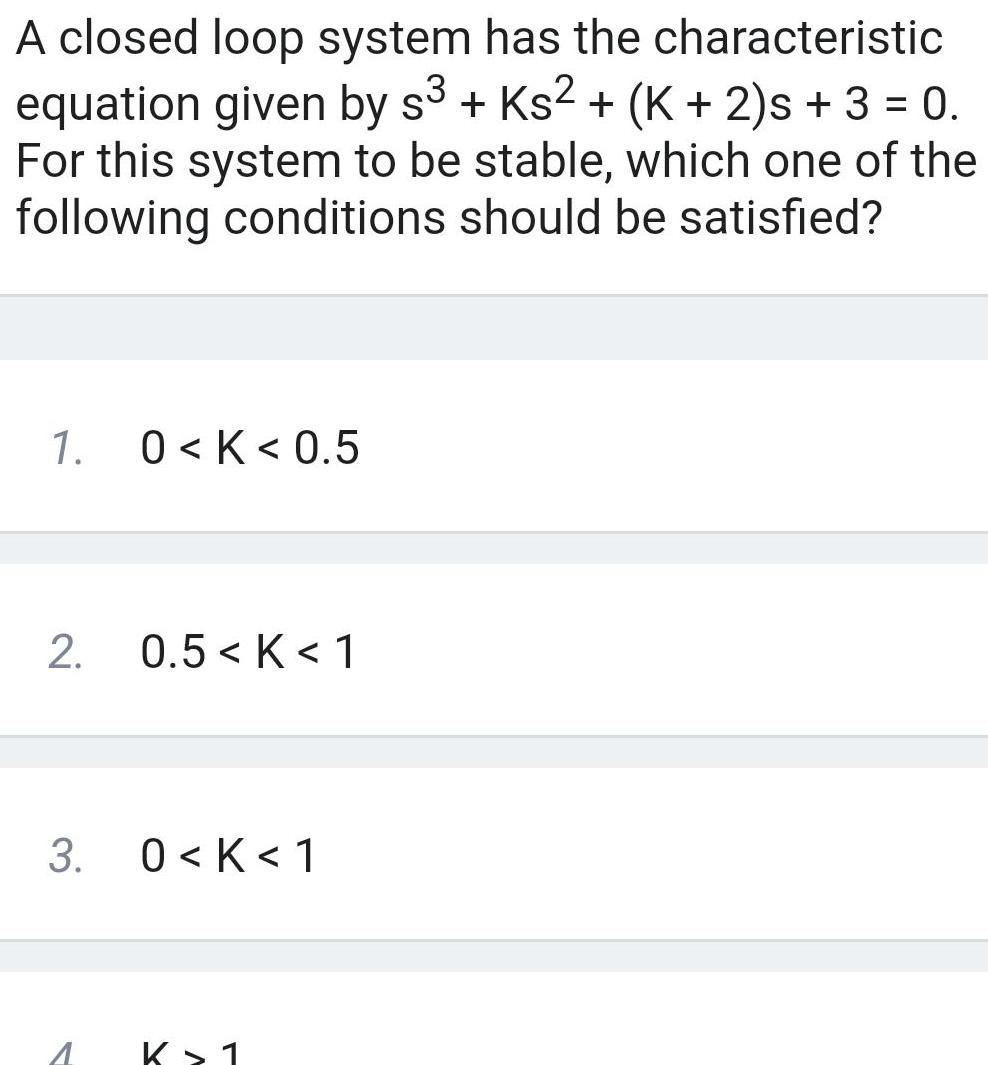 3 2 A closed loop system has the characteristic equation