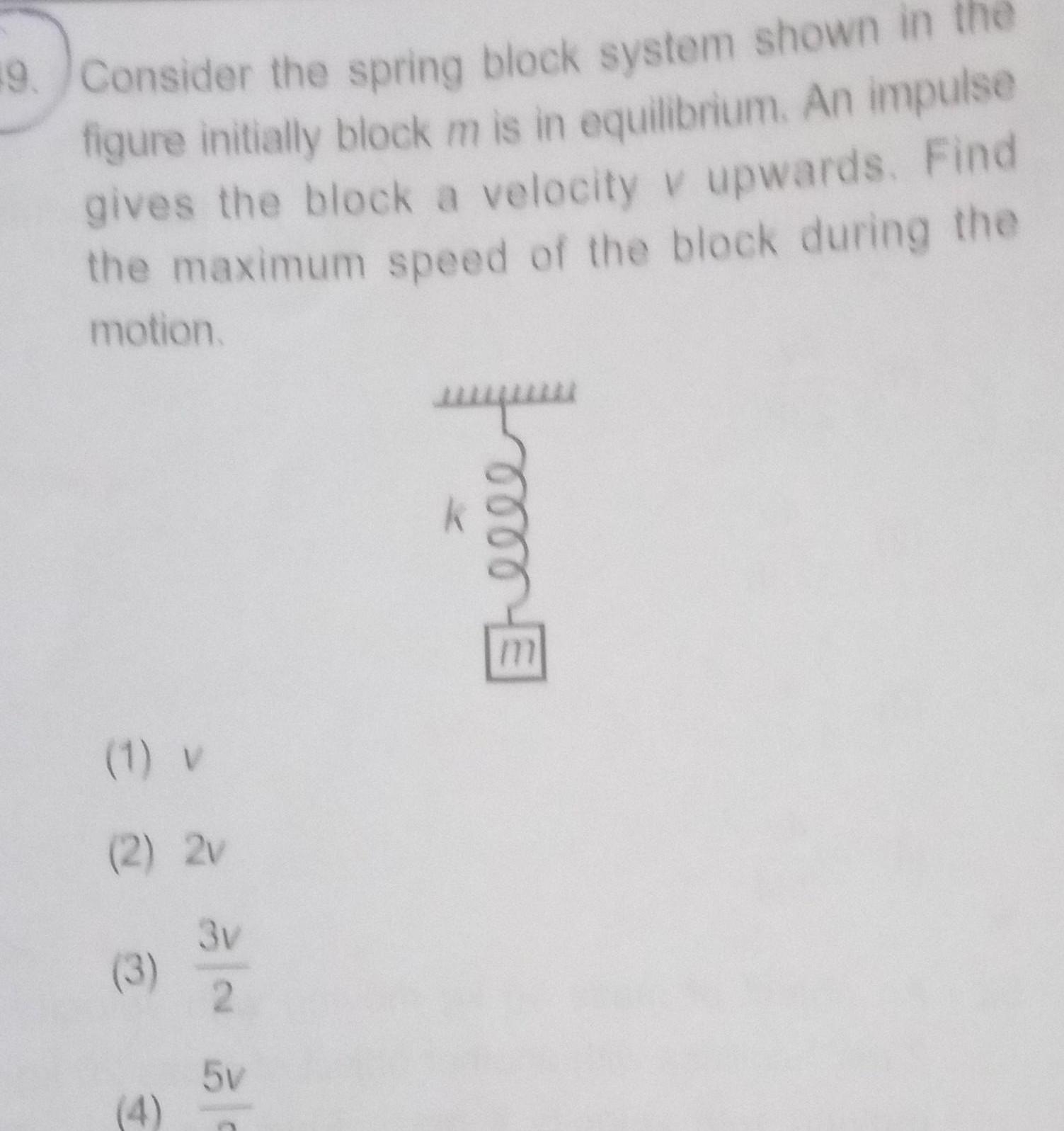 9 Consider the spring block system shown in the figure initially block m is in equilibrium An impulse gives the block a velocity v upwards Find the maximum speed of the block during the motion 2 2v 3 4 5v E