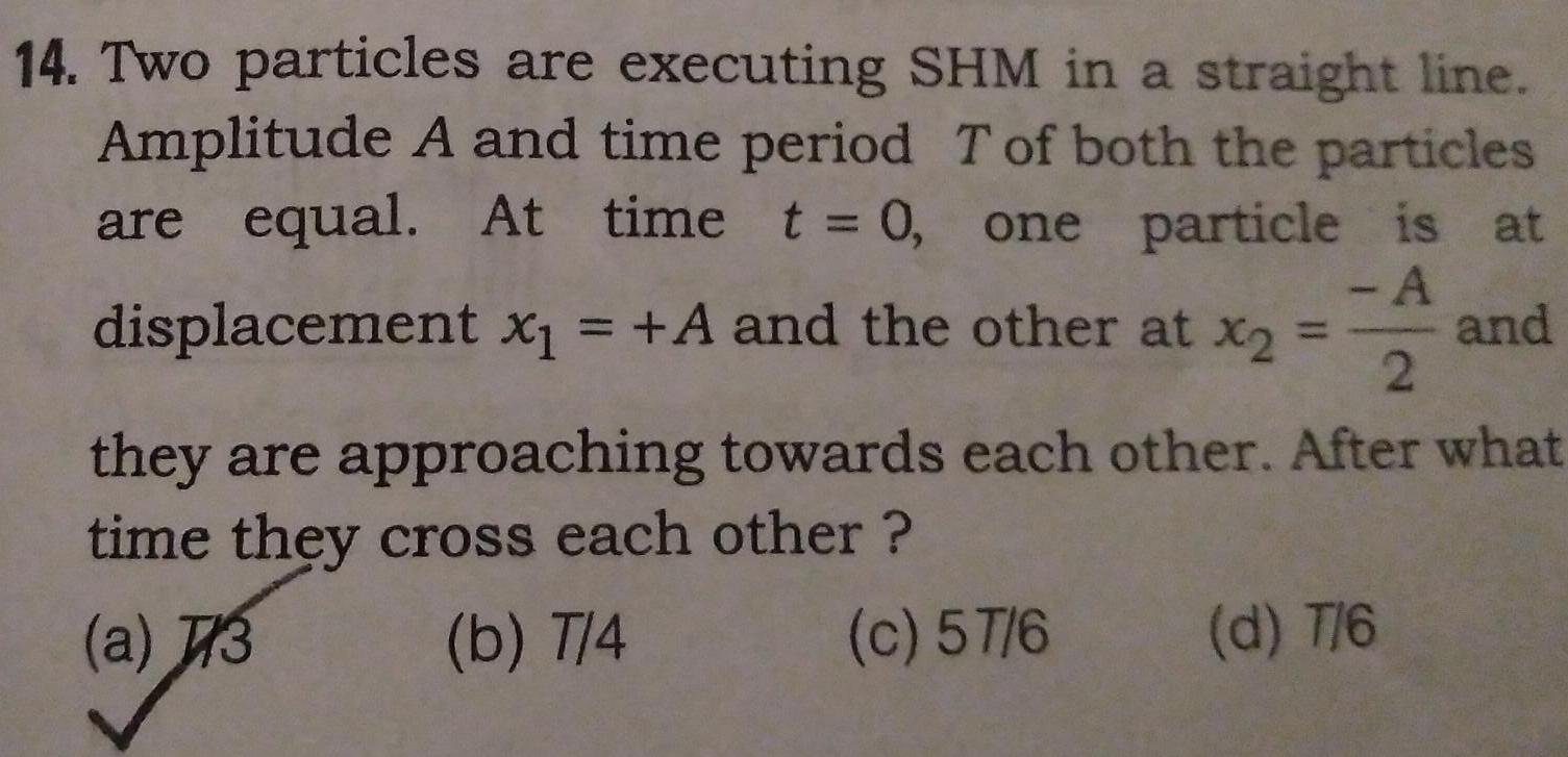 14 Two particles are executing SHM in a straight line Amplitude A and time period T of both the particles are equal At time t 0 one particle is at displacement x 1 A and the other at x and they are approaching towards each other After what time they cross each other A 2 a 3 b T 4 c 57 6 d T 6