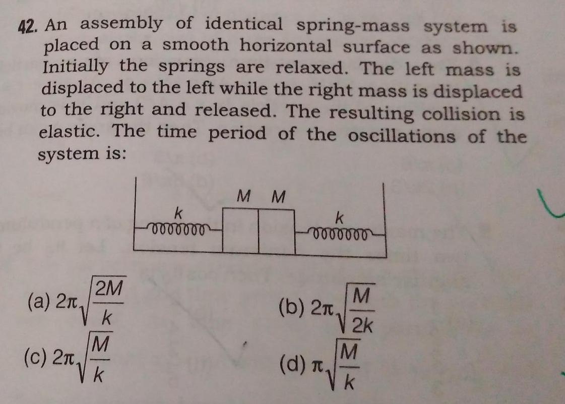 42 An assembly of identical spring mass system is placed on a smooth horizontal surface as shown Initially the springs are relaxed The left mass is displaced to the left while the right mass is displaced to the right and released The resulting collision is elastic The time period of the oscillations of the system is a 2n c 2n 2M k IM k k 0000000 M M k voooooo b 2 d n M 2k M k