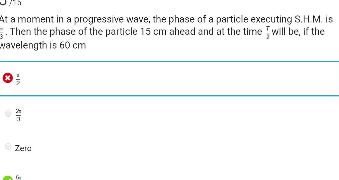 At a moment in a progressive wave the phase of a particle executing S H M is 3 Then the phase of the particle 15 cm ahead and at the time will be if the wavelength is 60 cm 7 2 3 Zero 5m