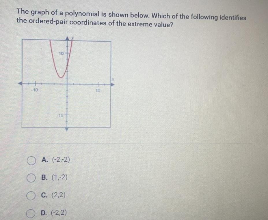 The graph of a polynomial is shown below Which of the following identifies the ordered pair coordinates of the extreme value 10 10 10 A 2 2 B 1 2 C 2 2 D 2 2 10